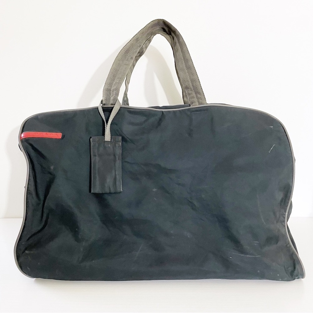 Prada black fabric gray trim large duffle weekender bag